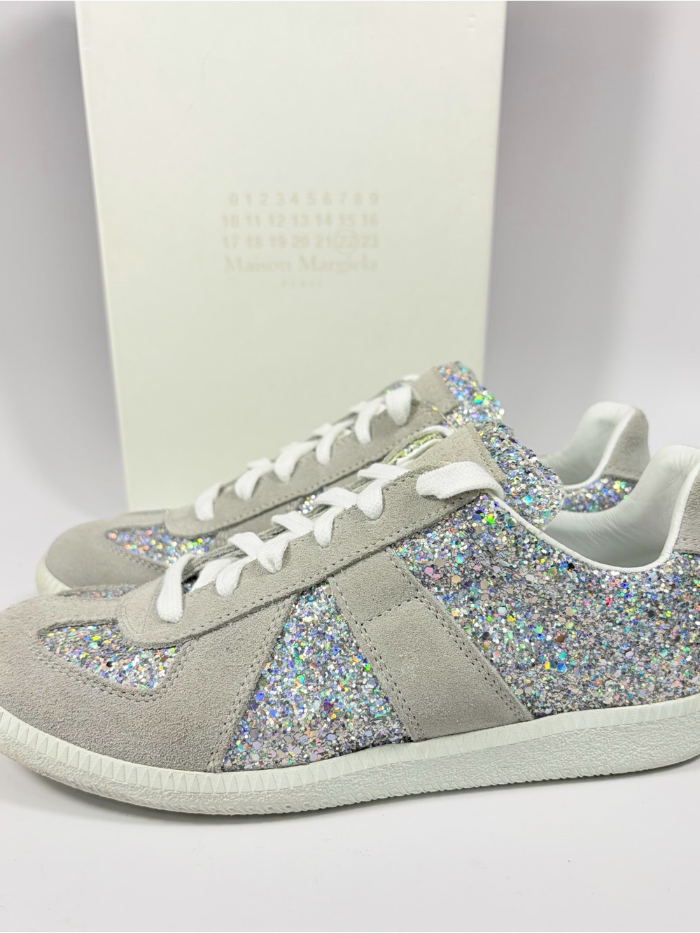 Maison Margiela Replica Silver Glitter Retro Runner Sneakers